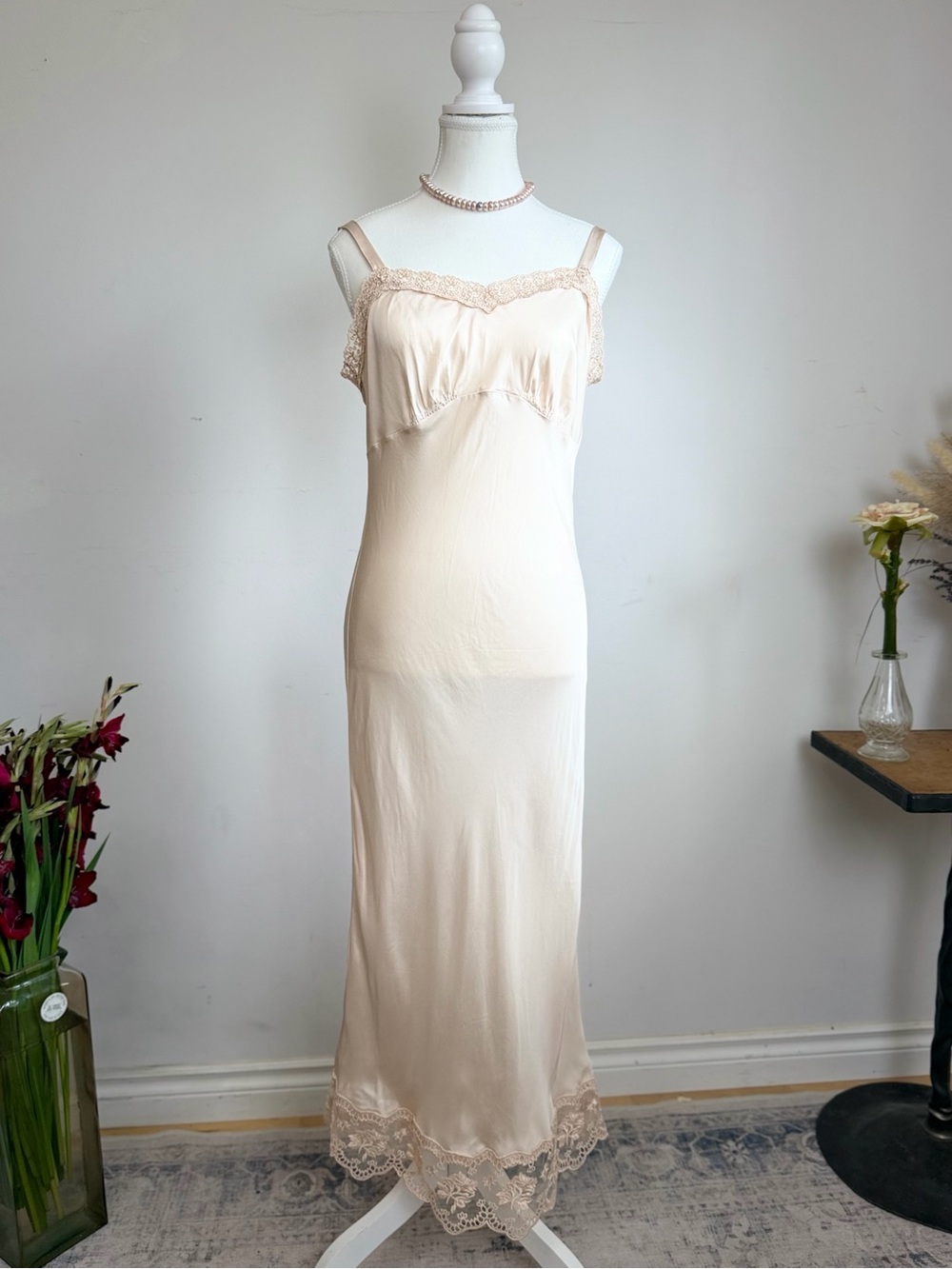 Simone Rocha x H&M Champagne Satin Lingerie Style Midi Dress Lace Trim S